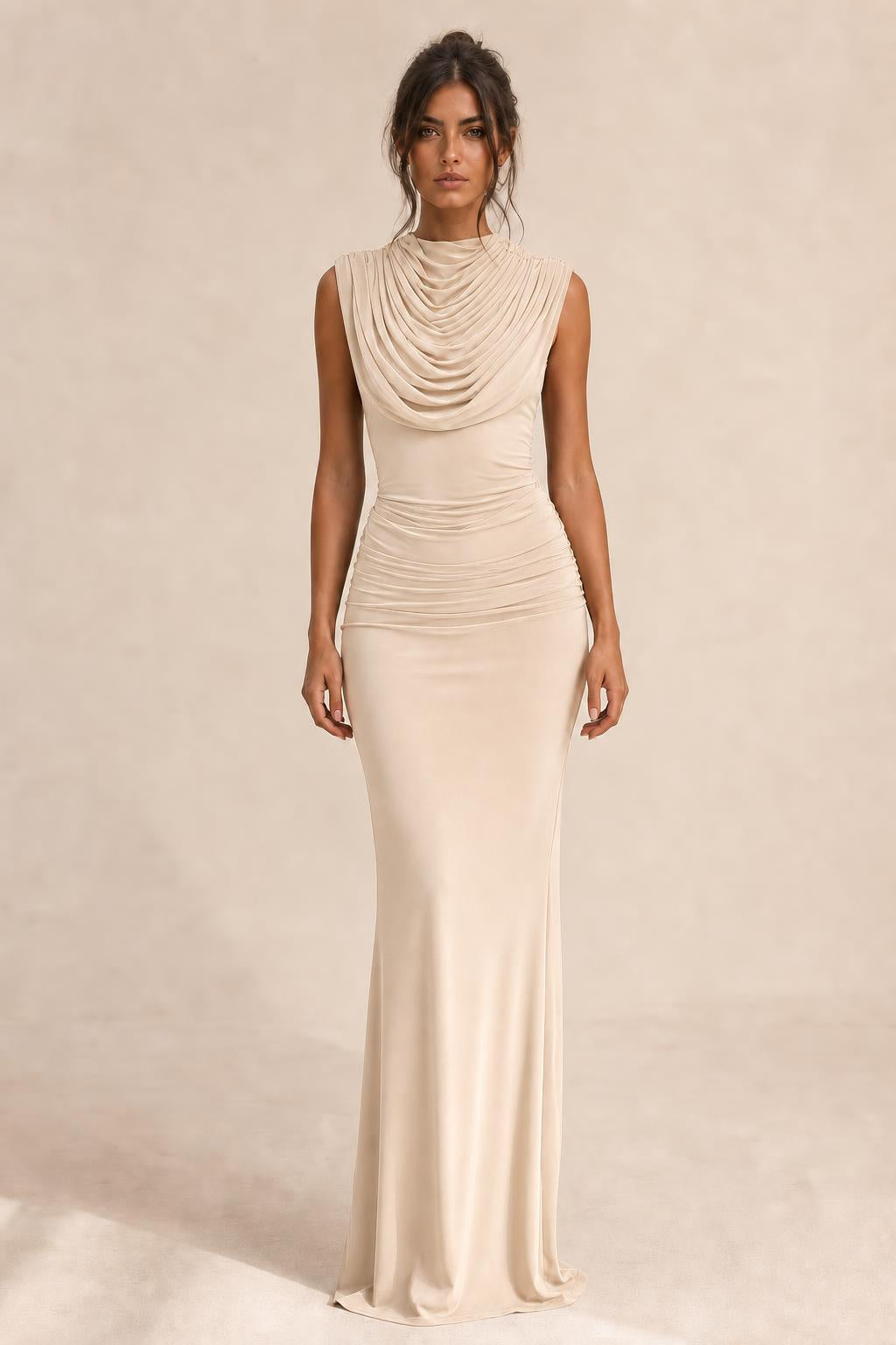 Full length view showcasing overall drape and fit