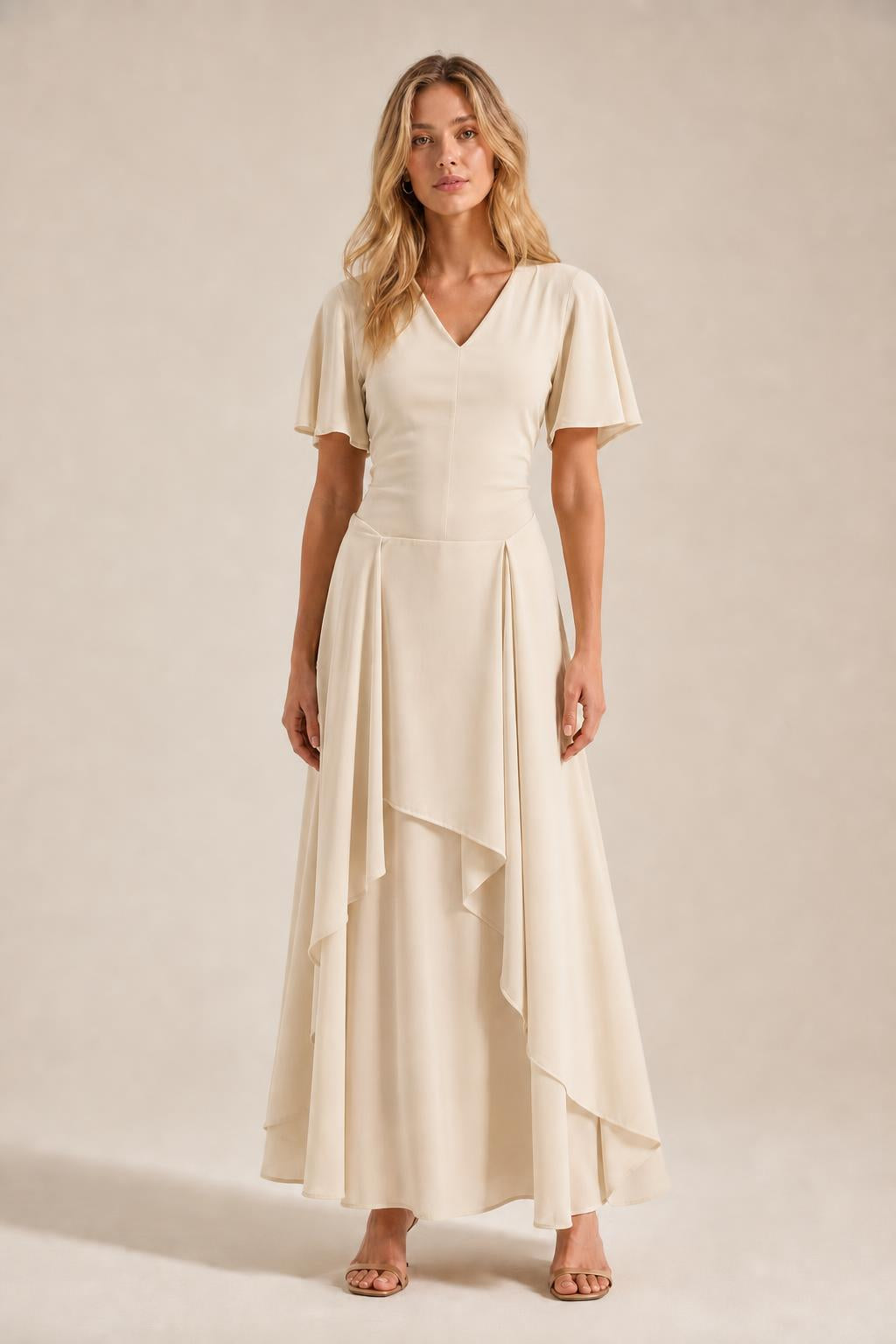 Detail shot of fabric texture and pleating on the maxi dress