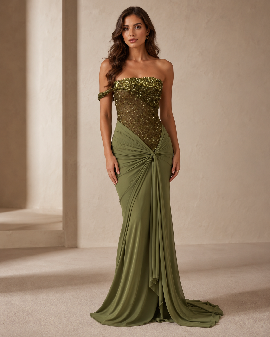 Olive off-shoulder beaded mermaid evening gown full-length front view