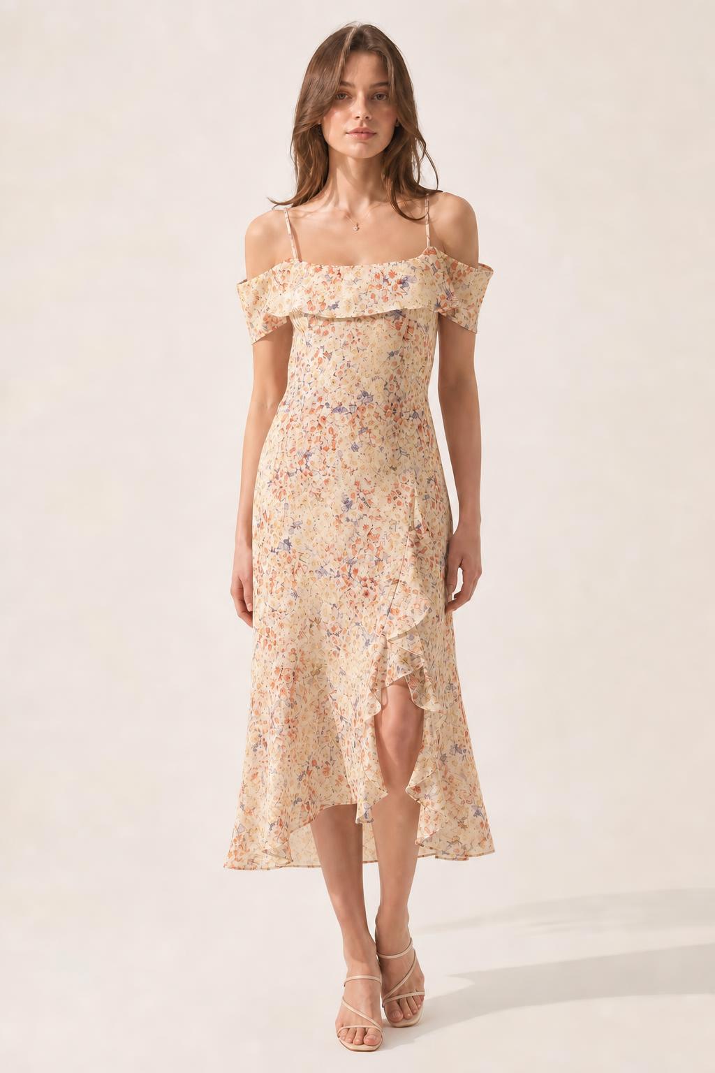 Women's Off-Shoulder Floral Ruffle Midi Dress with Spaghetti Straps
