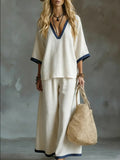 Coastal Contrast Trim Linen-Blend Two-Piece Set