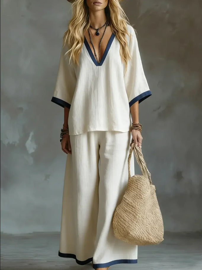 Coastal Contrast Trim Linen-Blend Two-Piece Set