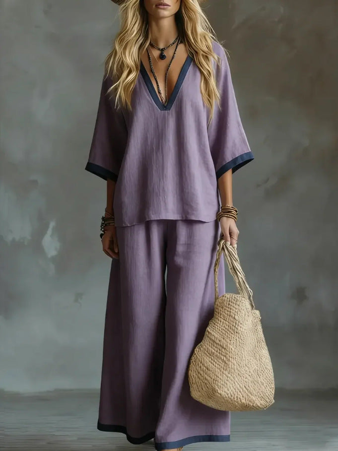 Coastal Contrast Trim Linen-Blend Two-Piece Set