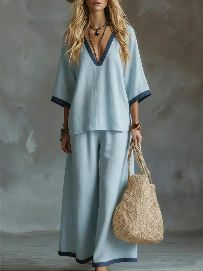 Coastal Contrast Trim Linen-Blend Two-Piece Set